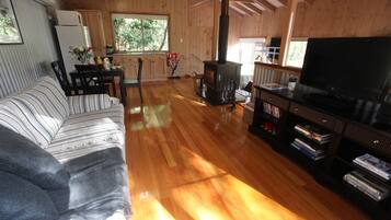 Flat-screen TV, fireplace, DVD player, first-run films