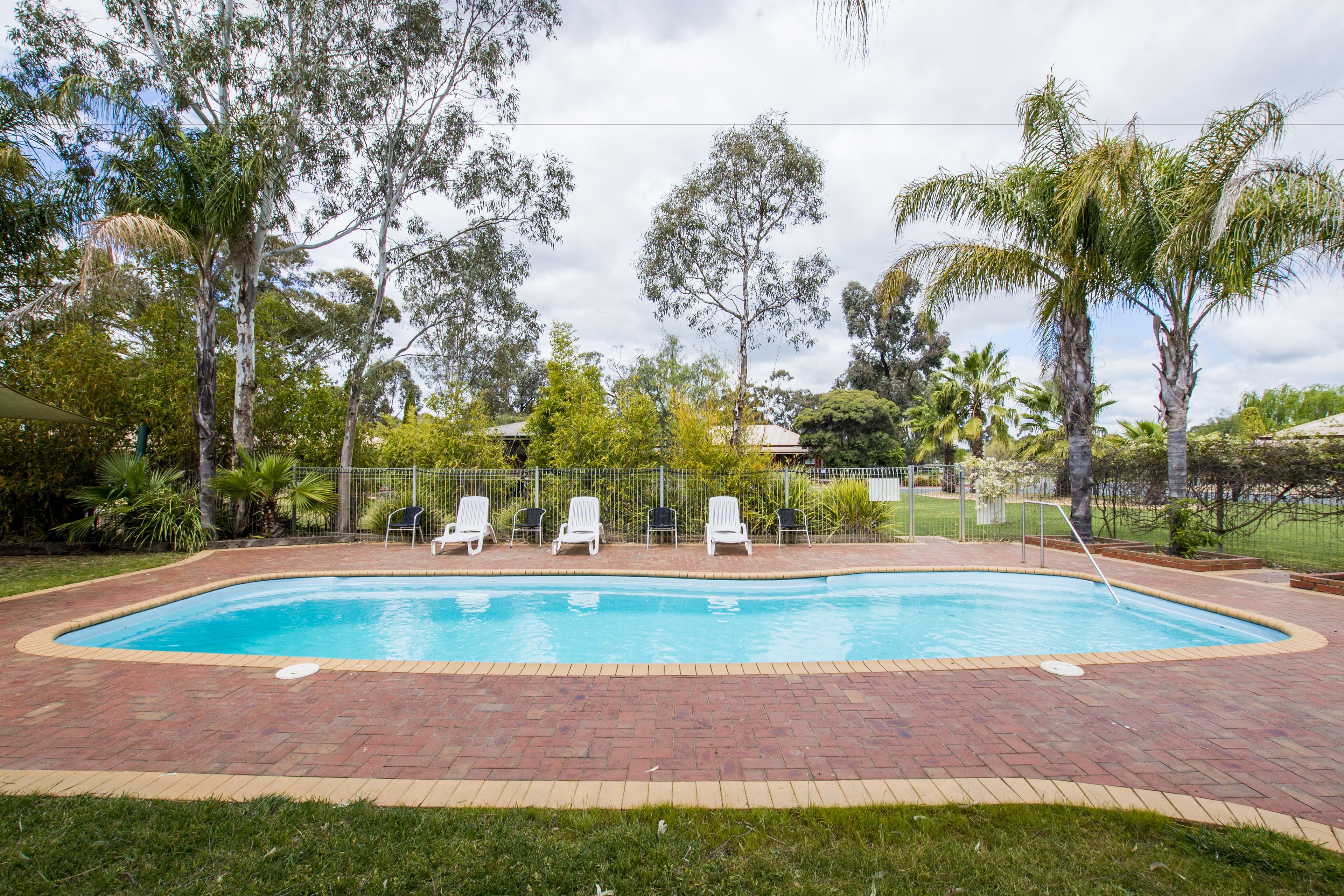 Una piscina rectangular con borde de ladrillo, rodeada de césped y árboles.
