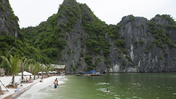 A beach with a boat, palm trees, and a rocky cliff. - Imperial Classic Cruise Halong (Tuan Chau)