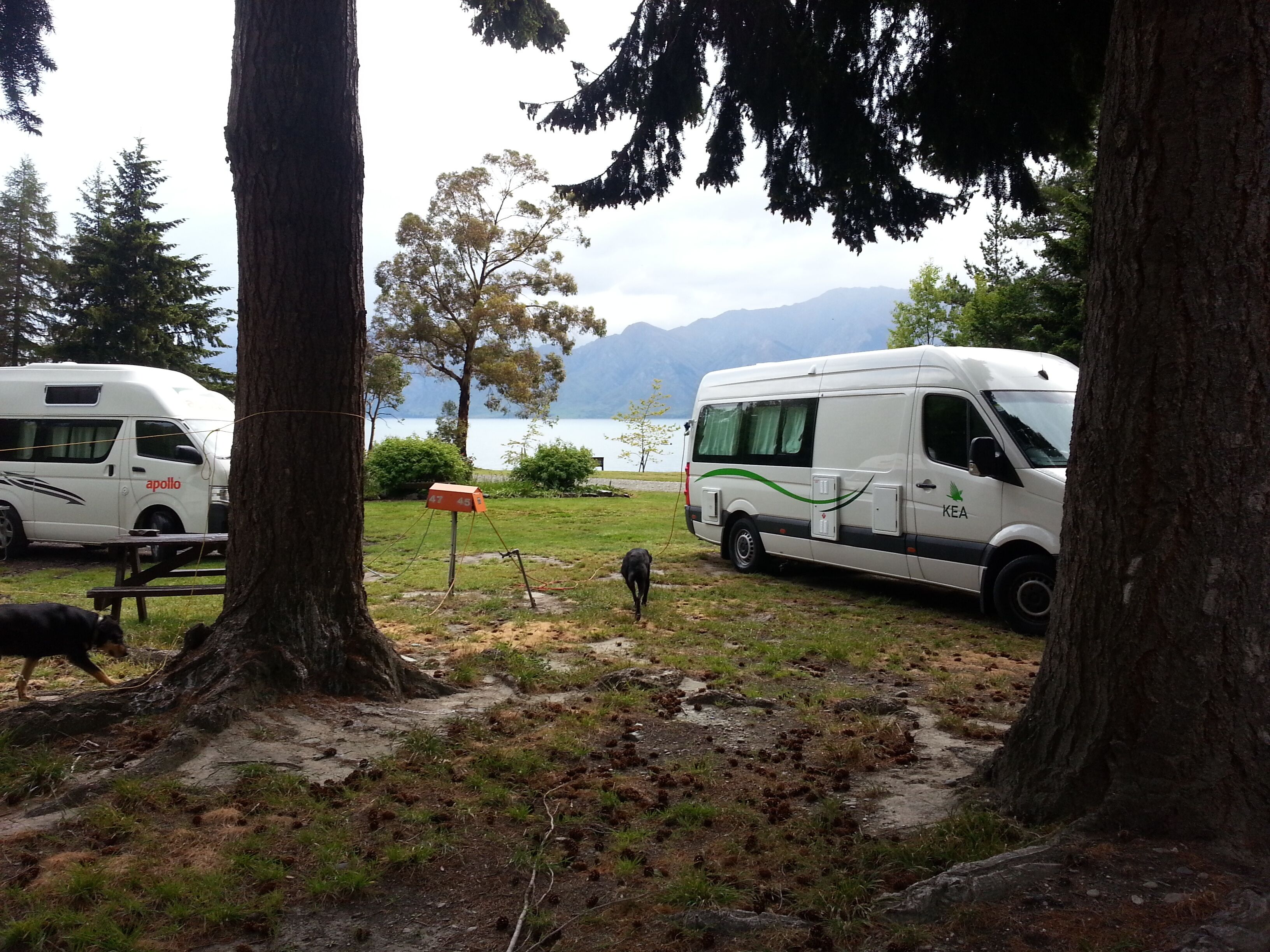 Two RVs parked near a lake with mountains in the background.