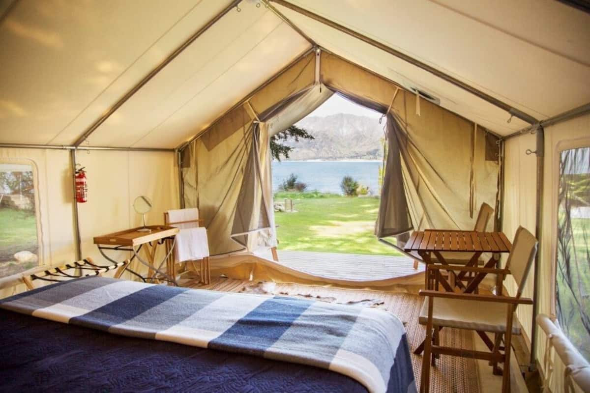 Glamping Denver Tent, 1 Queen Bed, Shared Bathroom, Lake View | 2 bedrooms, bed sheets