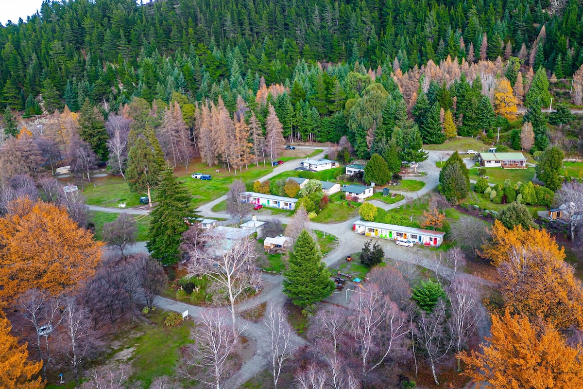 Vista aérea de una zona residencial con casas, calles y un bosque al fondo.
