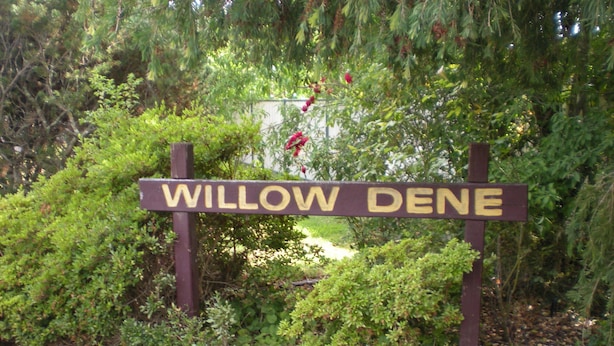A wooden sign with the text "WILLOW DENE" surrounded by greenery. - Willow Dene (Bright)