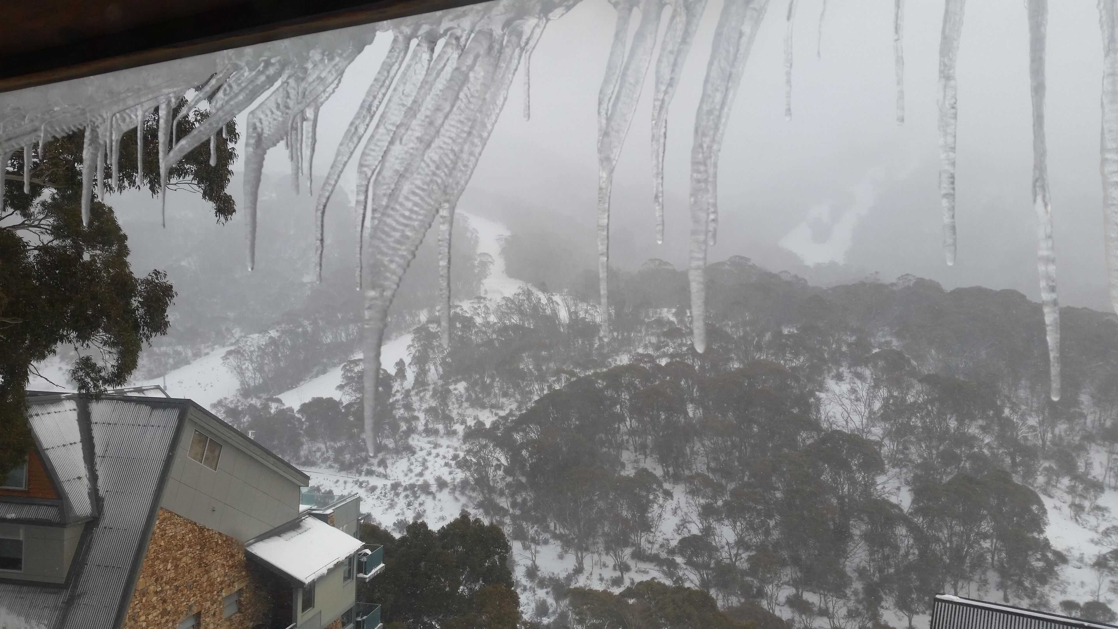Goteras colgando del tejado, un paisaje nevado y un edificio con techo inclinado.