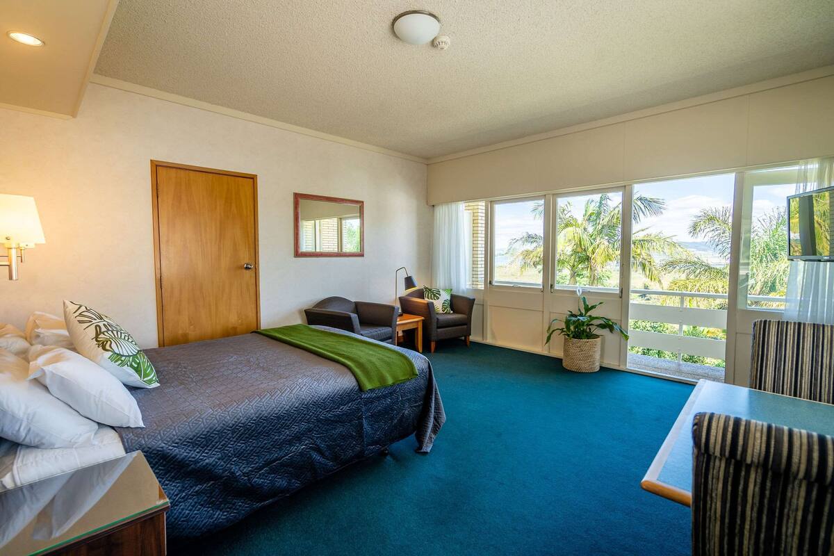 A hotel room with a bed, a desk, a chair, a window with a view of palm trees, and a ceiling light.