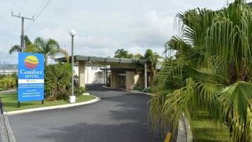 A Comfort Hotel sign, a paved entrance, and palm trees.