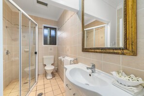A modern bathroom with a glass shower enclosure, a toilet, a sink with toiletries, and a large mirror. - Charlesworth On The Park (Glen Innes)