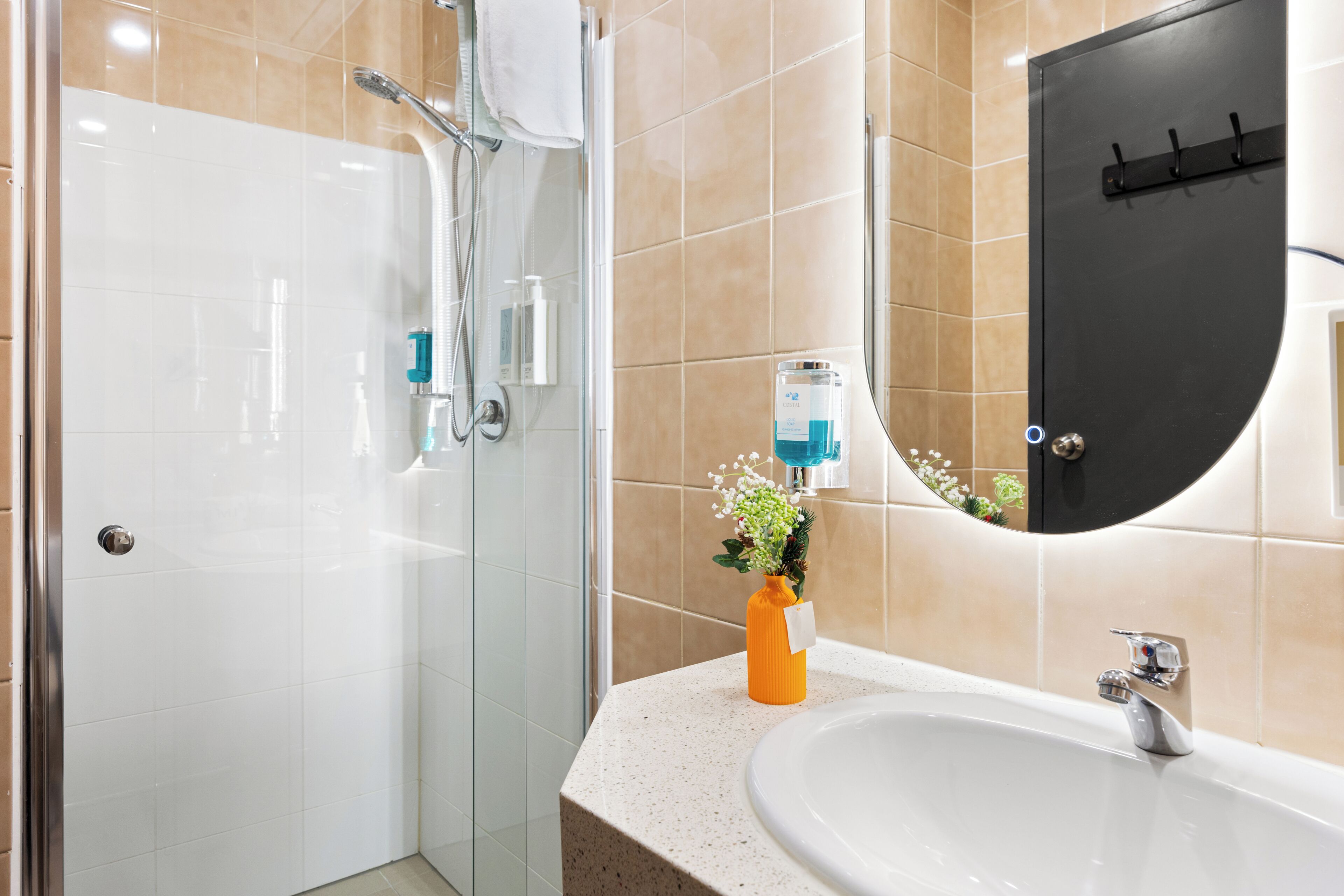 A modern bathroom with a glass shower enclosure, a white sink, and a mirror with a black door.