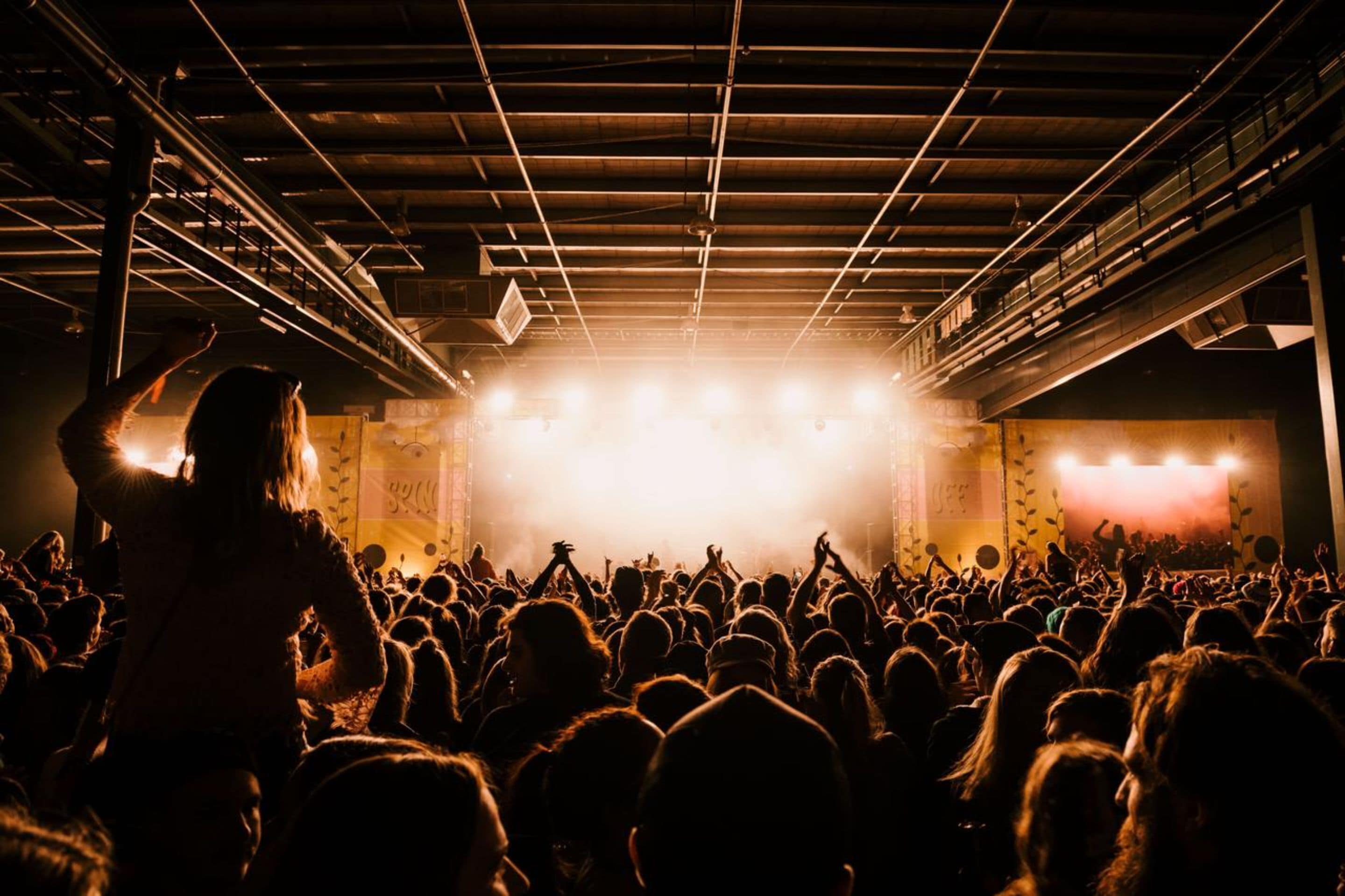 A crowded concert venue with a raised stage and a large audience.