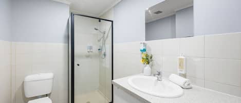 Un baño moderno con ducha envuelta en vidrio, inodoro blanco y lavamanos con espejo.