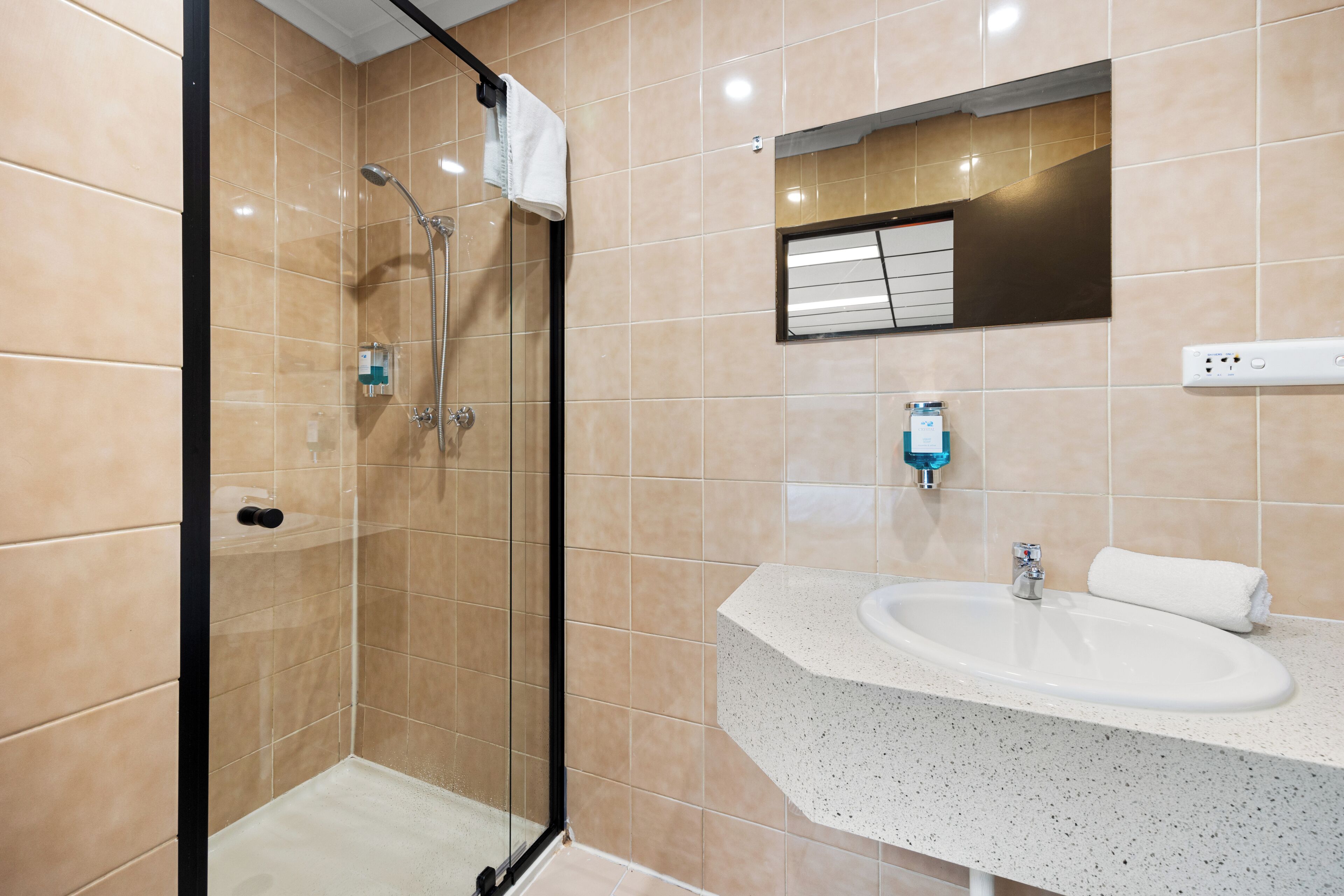 A modern bathroom with a glass-enclosed shower, a white sink, and a mirror above the sink.