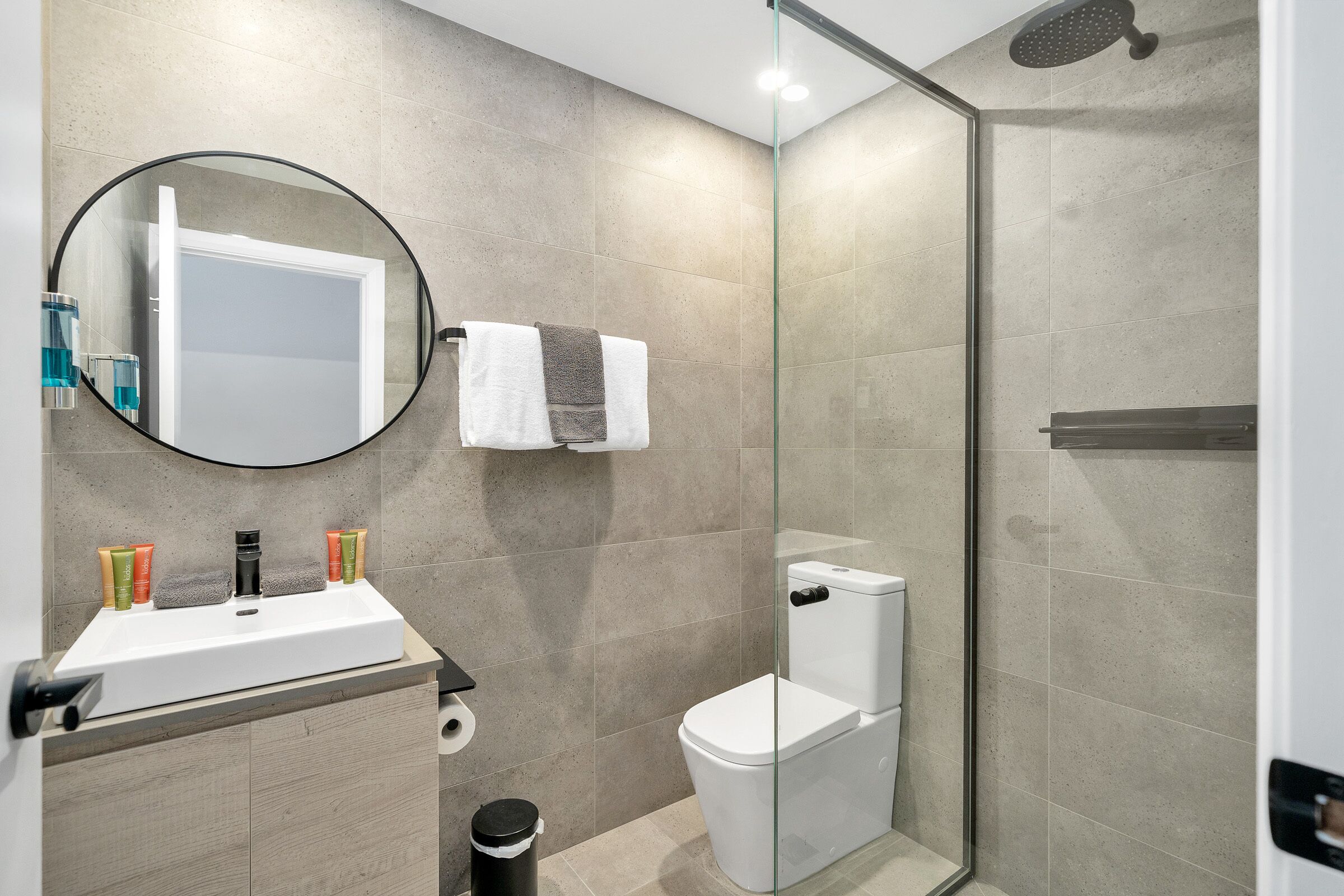 A modern bathroom with a glass-enclosed shower, a white sink with toiletries, and a toilet.