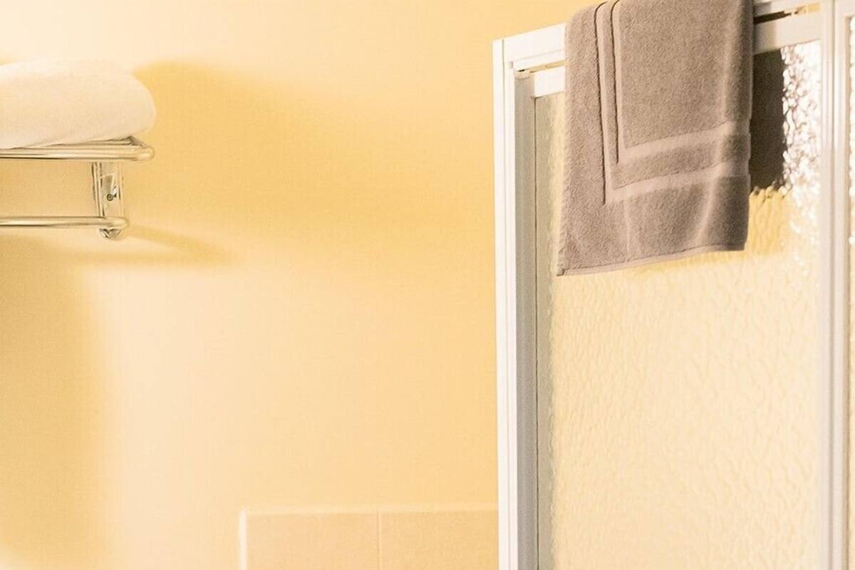 Un baño con cabina de ducha de vidrio, dispensador de papel higiénico y toallero.