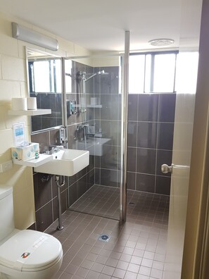 Un baño moderno con ducha, inodoro y lavabo.
