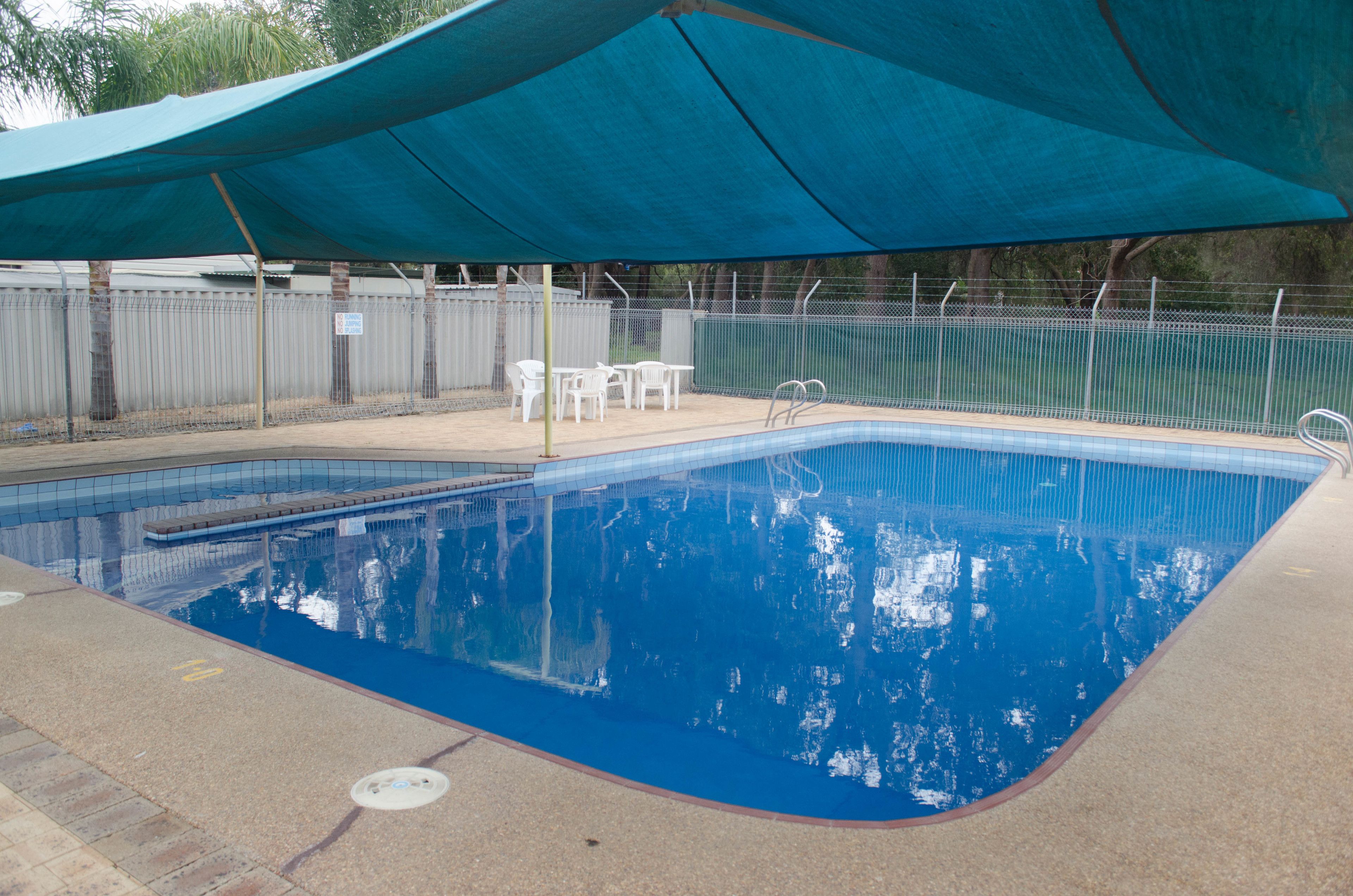 A swimming pool with a blue water surface, surrounded by a fenced area, and a shaded canopy overhead.