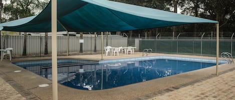 Outdoor pool, pool umbrellas, sun loungers