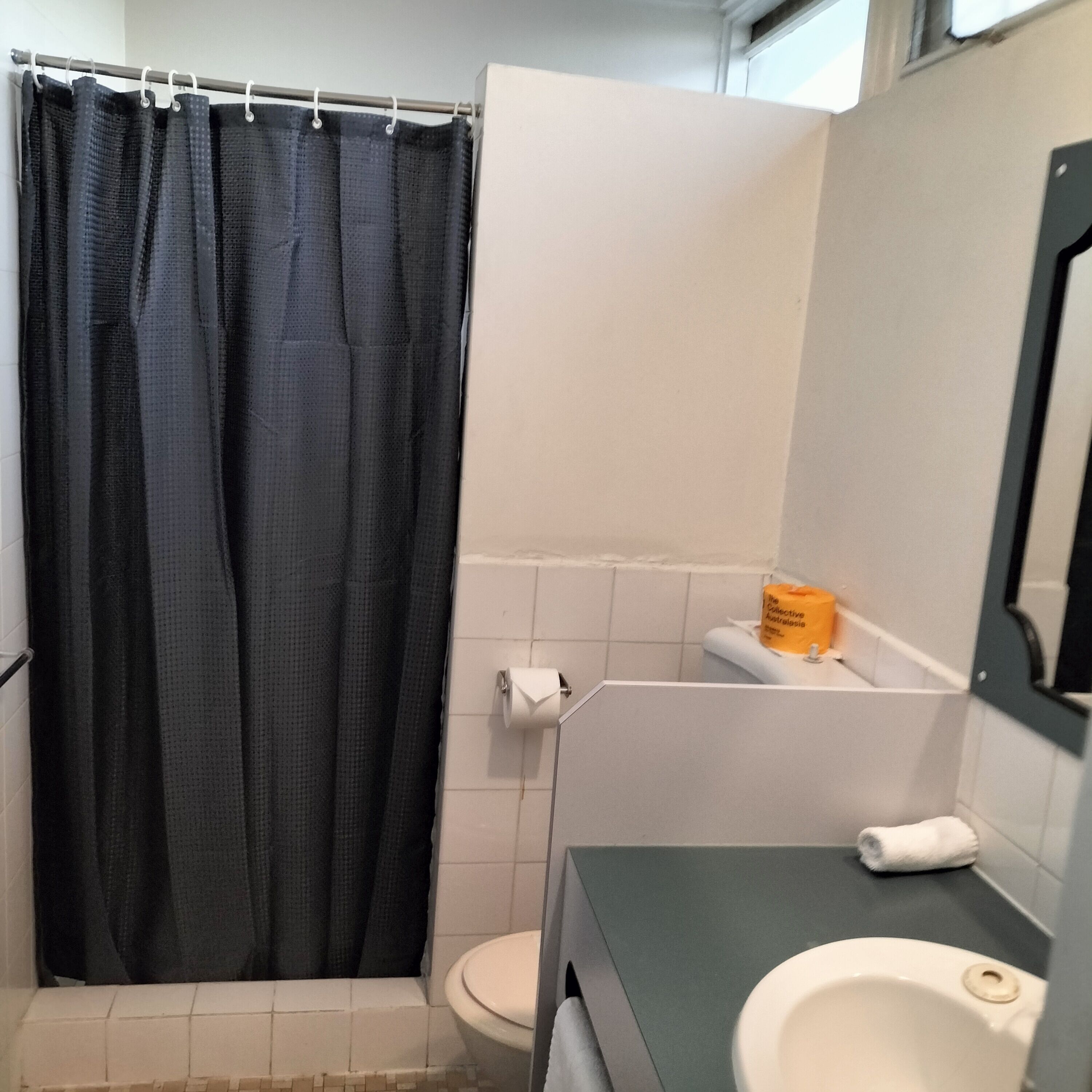 A bathroom with a shower curtain, toilet, and sink.