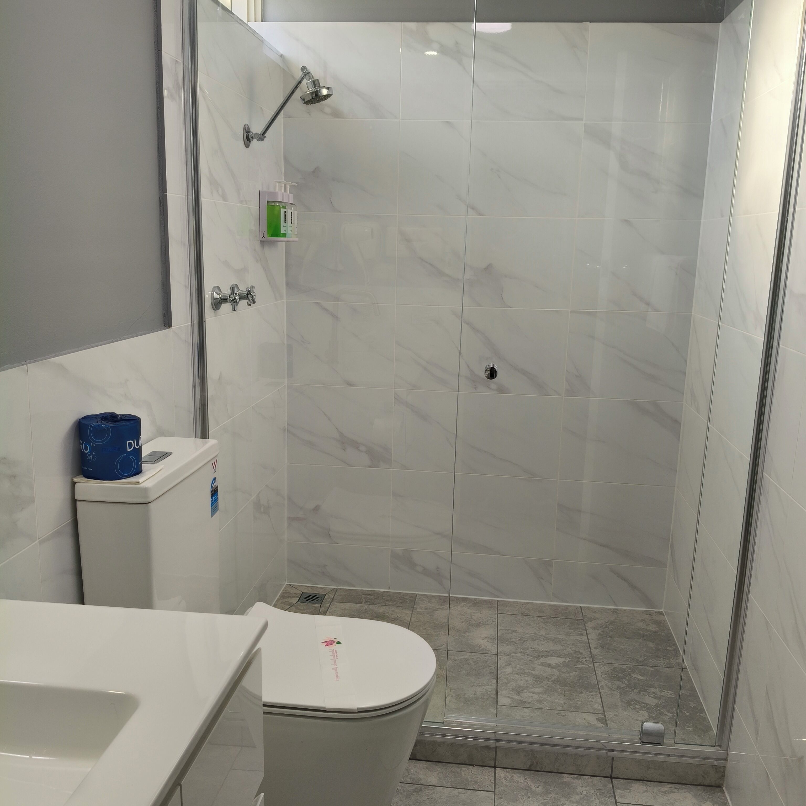 Un baño pequeño con inodoro, ducha y lavamanos.