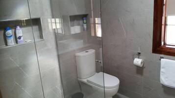 Uma casa de banho moderna com sanita, cabine de duche em vidro e um armário com artigos de higiene pessoal.