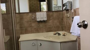 Shower, free toiletries, hair dryer, towels