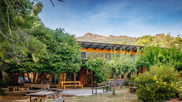 Un espacio de estar al aire libre rústico con bancos y mesas de madera, rodeado de abundante vegetación y con montañas al fondo.