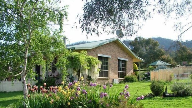 A house with a brick exterior, a green roof, and a garden with various flowers and plants. - Halls on Falls Homestead (Strath Creek)