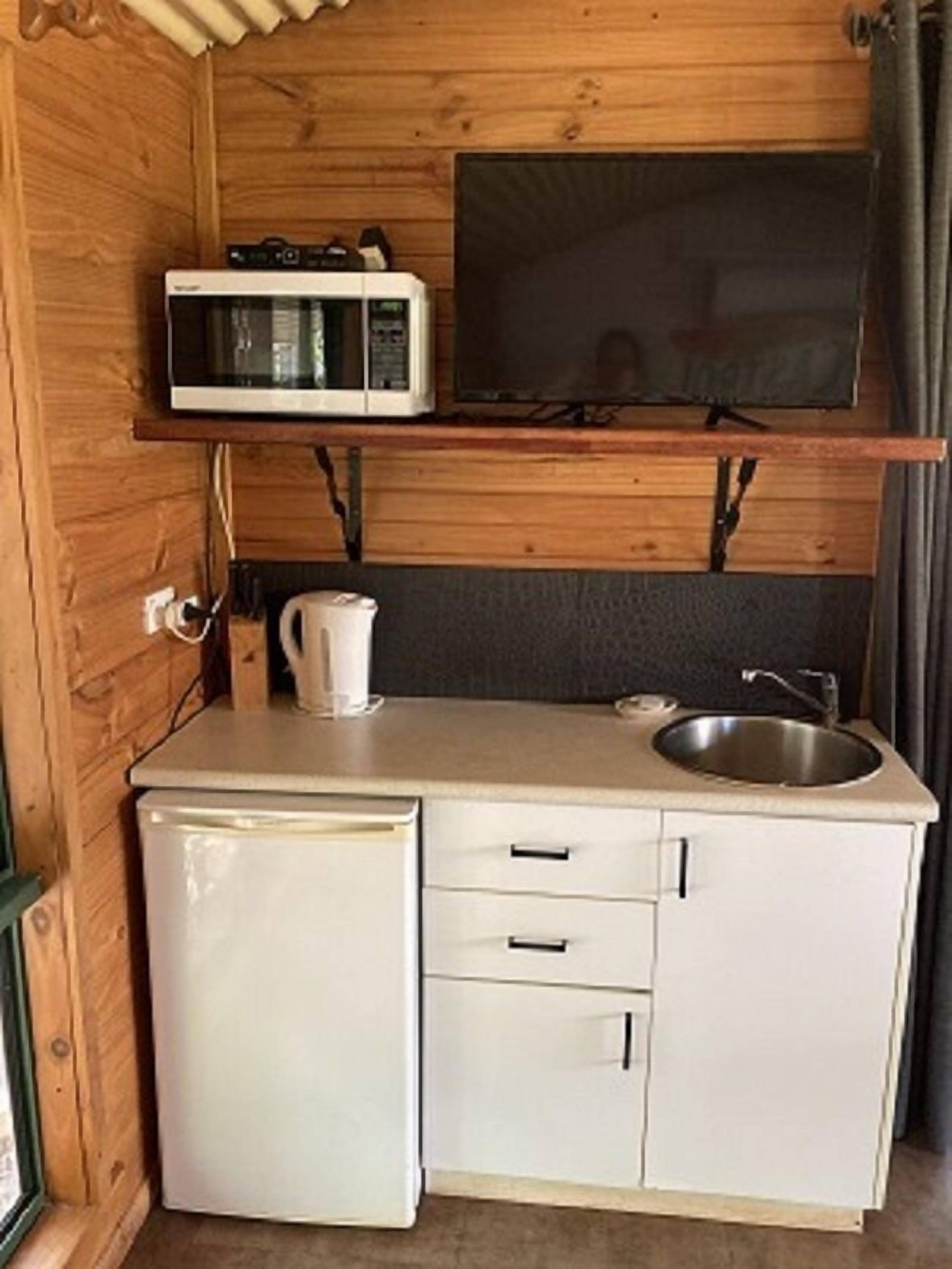 A compact kitchenette with a microwave, a small refrigerator, a sink, and a television mounted on a wooden wall.