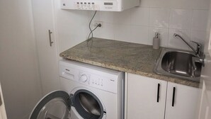 A compact laundry room with a front-loading washing machine, a top-loading dryer, and a sink. - Albany Central Apartments (Albany)
