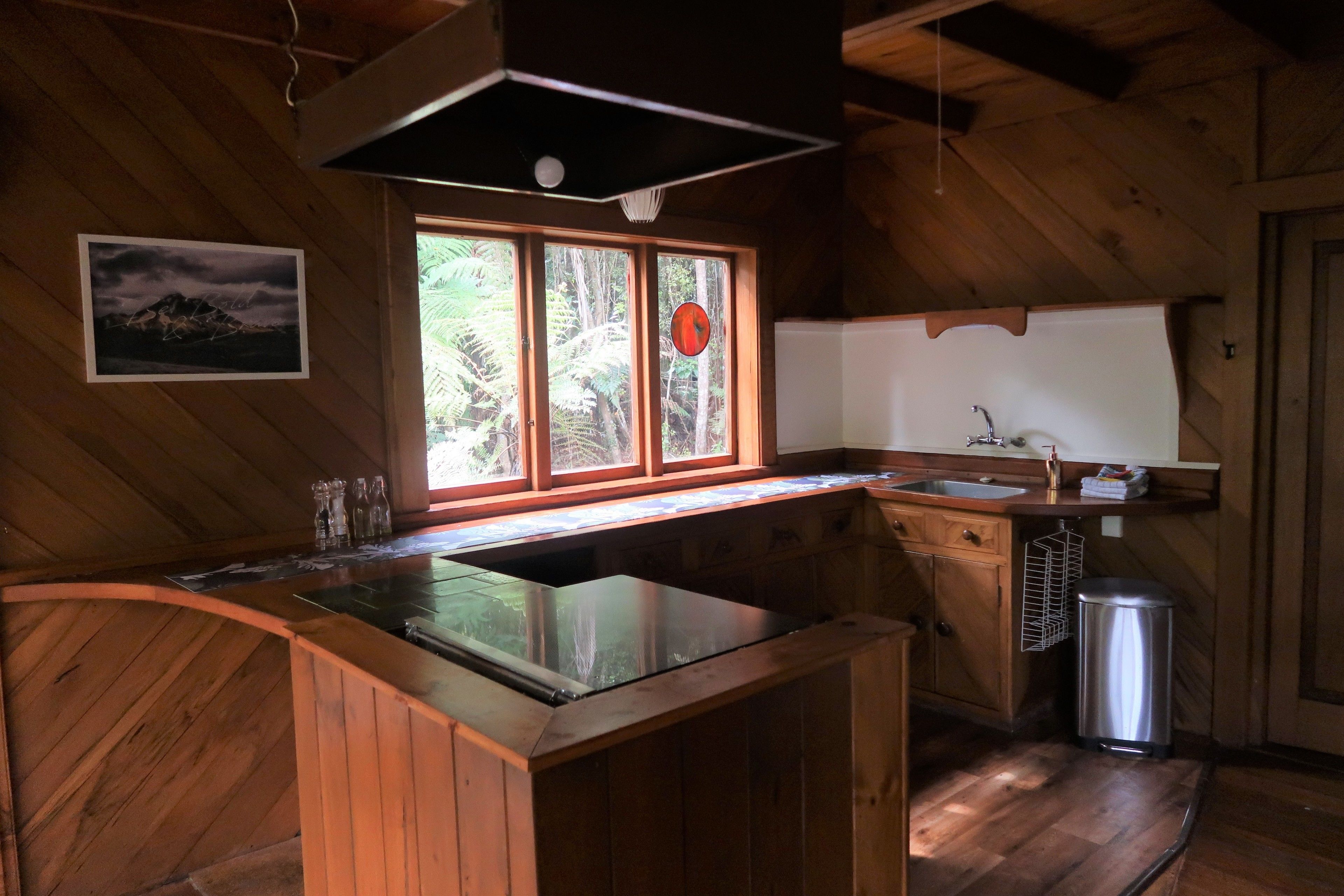 A compact kitchen with a wooden interior, a window with a view of greenery, a sink, and a trash bin.