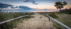 A sandy path leading to a beach with a wooden fence on one side and a tree on the other.