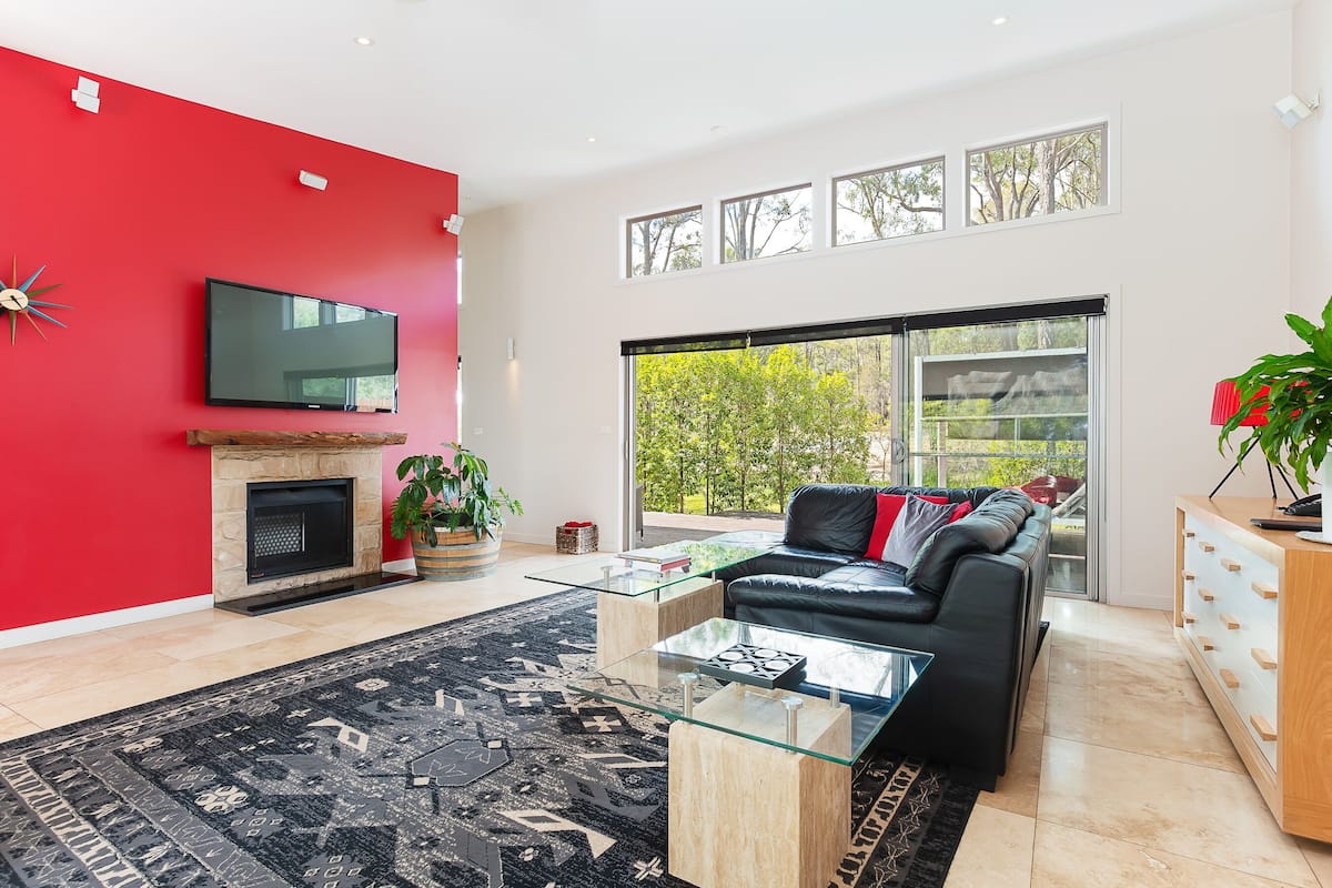 LCD TV, fireplace, DVD player