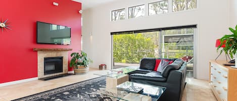55-inch LCD TV with cable channels, TV, fireplace