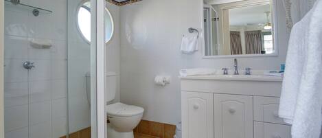 A bathroom with a shower, toilet, and vanity with a mirror.