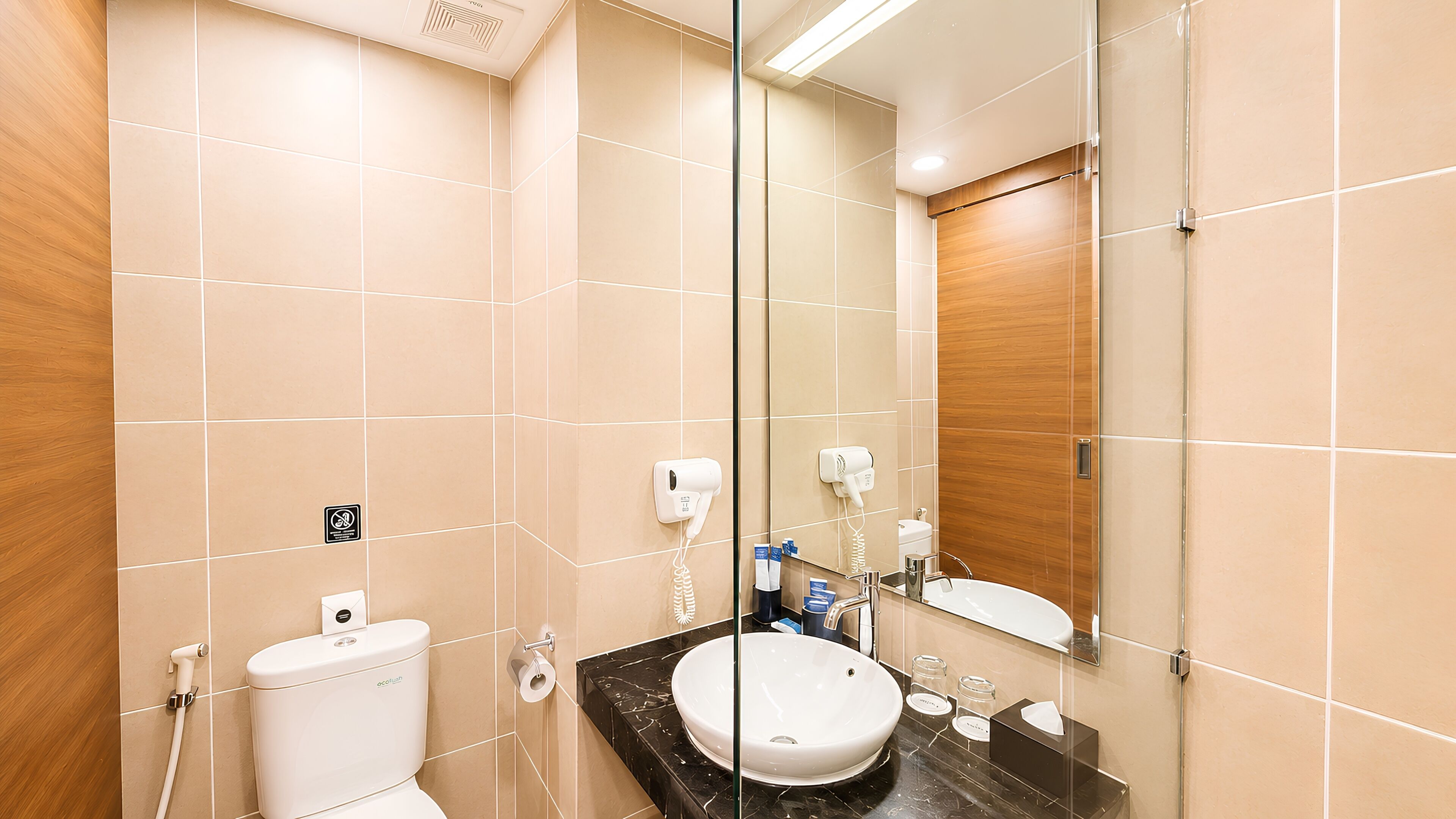Baño con inodoro, lavamanos, espejo y secador de pelo.