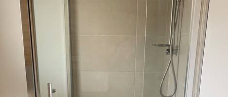 A glass-enclosed shower stall with a toilet and sink in a bathroom.