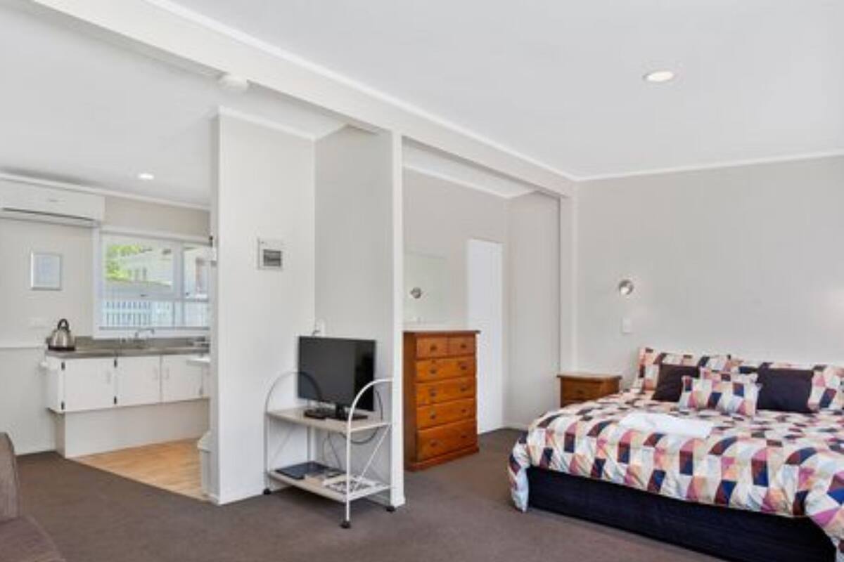 Een moderne slaapkamer met een bed, een televisie en een kitchenette.