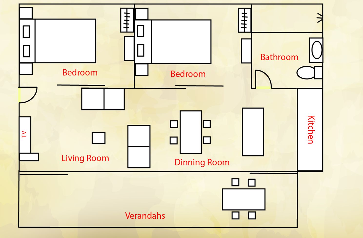Planta baixa com dois quartos, um banheiro, cozinha, sala de estar, sala de jantar e varandas.