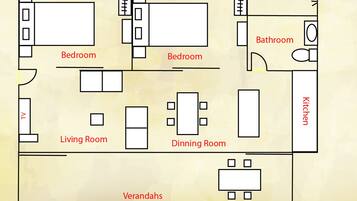 Planta baixa com dois quartos, um banheiro, cozinha, sala de estar, sala de jantar e varandas.