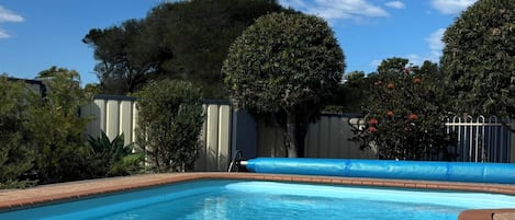 Outdoor pool, open 9:00 AM to 9:00 PM, pool umbrellas, sun loungers