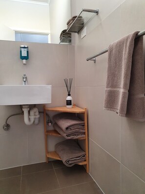 Shower, free toiletries, hair dryer, towels