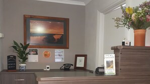 A reception desk with a framed picture, a potted plant, a Wi-Fi sign, a phone, and a visitor's guide.