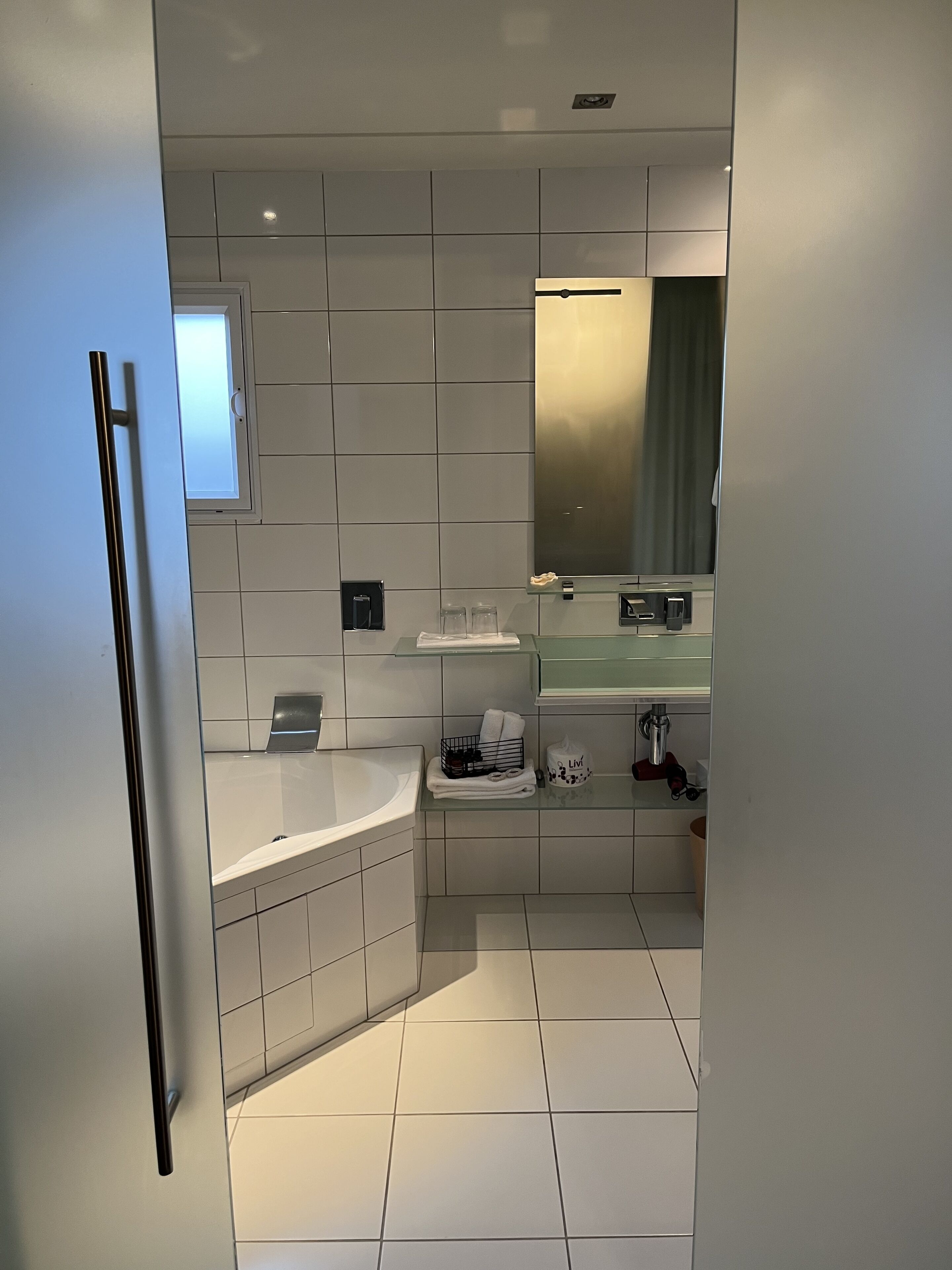 Un baño moderno con un espejo grande, un estante de vidrio con artículos de aseo y un perchero.
