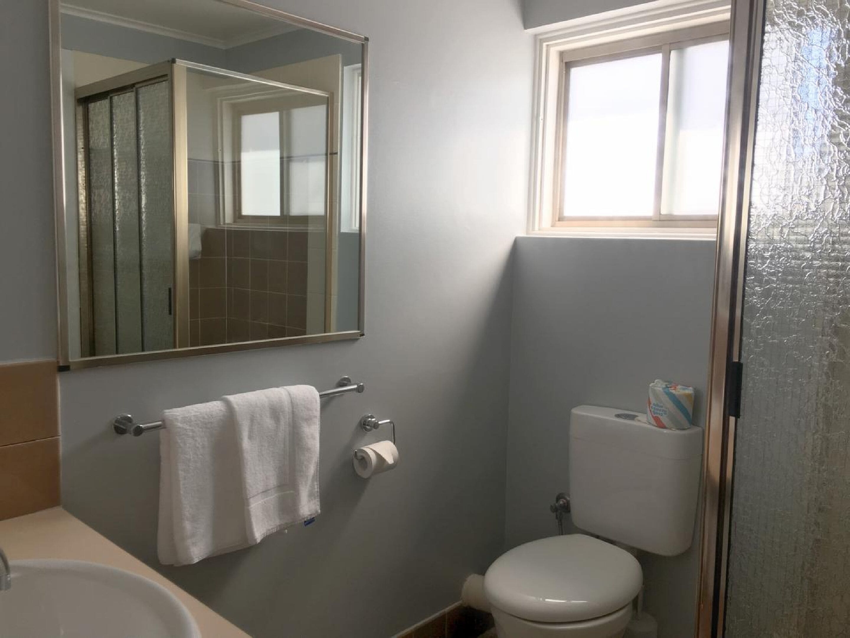 A bathroom with a toilet, a sink, a mirror, and a window.