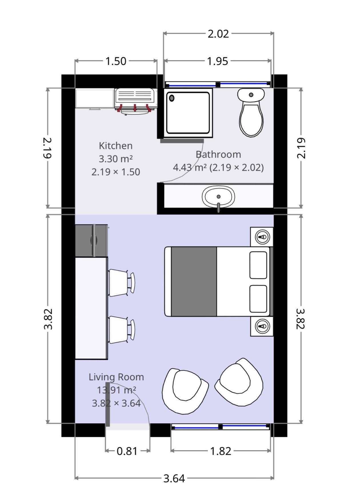 A floor plan of a 1-bedroom apartment with a kitchen, bathroom, and living room. The kitchen measures 2.19 x 1.50 meters, the bathroom 2.19 x 2.02 meters, and the living room 3.82 x 3.64 meters.