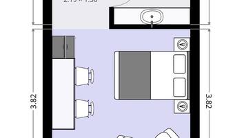 Voici le plan d’un appartement d’une chambre, comprenant une cuisine, une salle de bain et un salon. La cuisine mesure 2,19 x 1,50 mètre, la salle de bain 2,19 x 2,02 mètre et le salon 3,82 x 3,64 mètre.