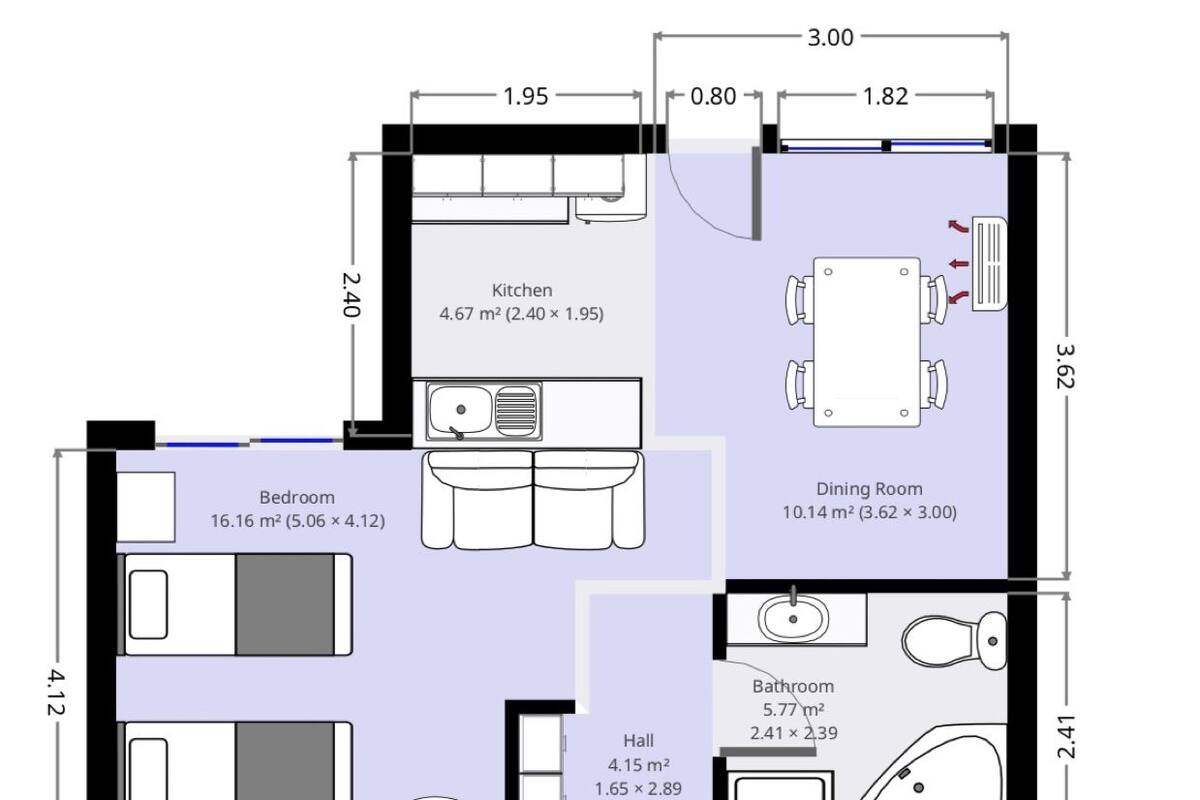 A floor plan of a hotel room with a bedroom, bathroom, kitchen, dining room, and hall.