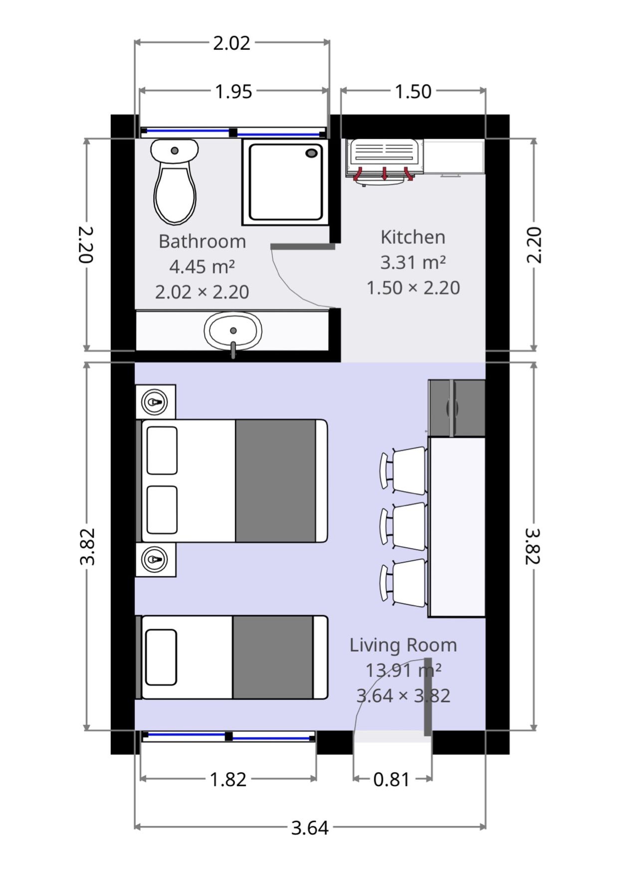 Un plan d’étage comprenant une salle de bain (4,45 m²), une cuisine (3,31 m²) et un salon (13,91 m²).