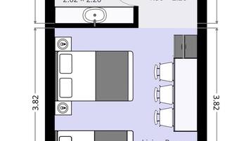 Un plan d’étage comprenant une salle de bain (4,45 m²), une cuisine (3,31 m²) et un salon (13,91 m²).