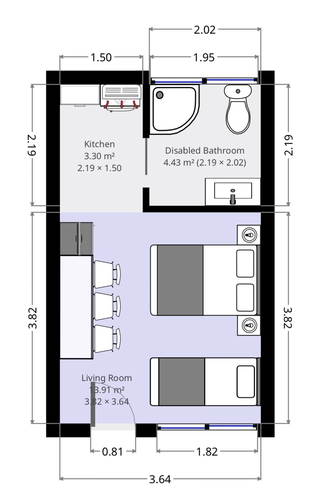 A floor plan of a hotel room with a kitchen, disabled bathroom, and living room. The kitchen measures 2.19 x 1.50 meters, the disabled bathroom is 2.19 x 2.02 meters, and the living room is 3.82 x 3.64 meters.