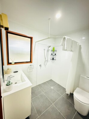 Shower, free toiletries, hair dryer, towels